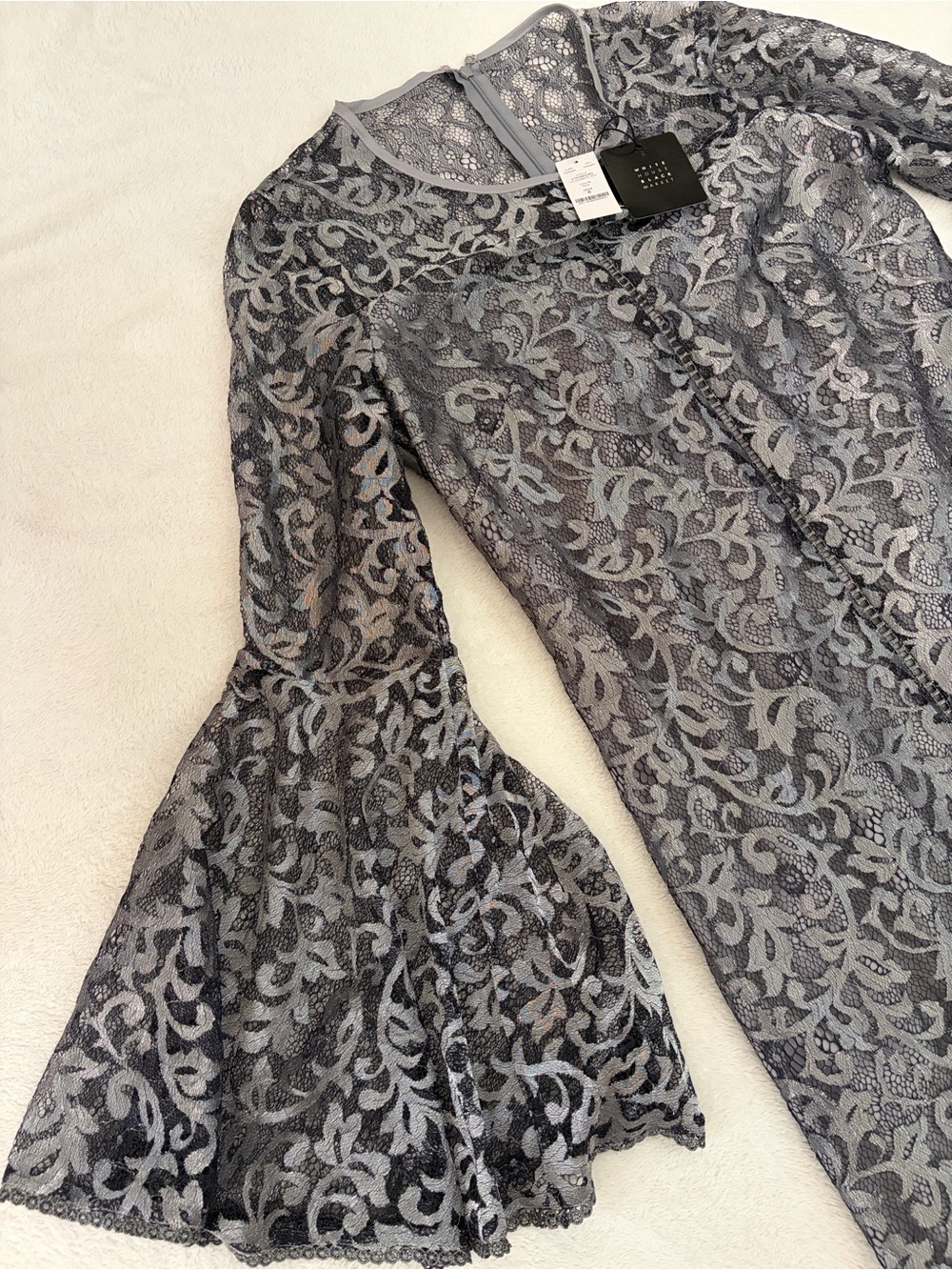 White House Black Market Lace Bell Sleeve Dress in Silver